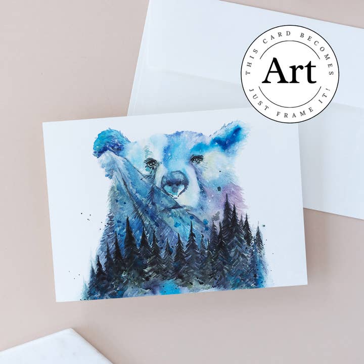Carte d'art aquarelle aurore boréale ours ciel nocturne. pour la vente par Elena Markelova Arts