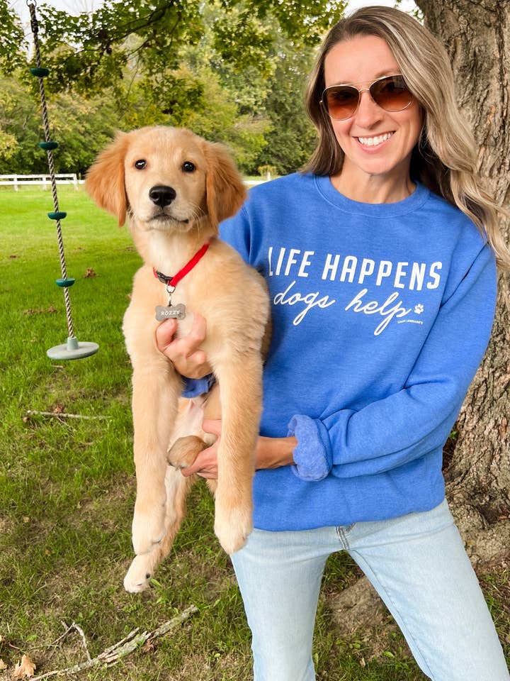 Heather Royal LIFE HAPPENS, DOGS HELP - Crewneck Sweatshirt for wholesale on Faire1