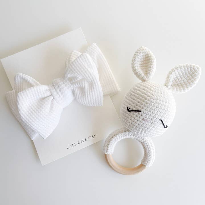 White Bunny Rattle & Waffle Bow Headband Set for wholesale by Chlea & Co.