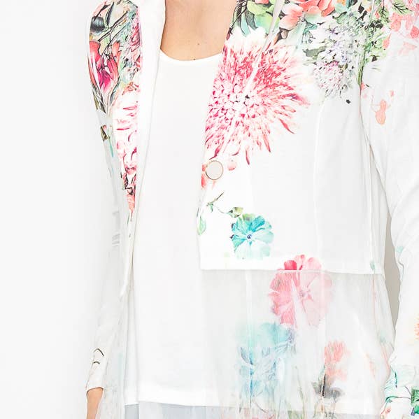 Giacca Blazer Lunga a Contrasto Chic con Pannello in Tulle a Rete - 4773IV ROSA per la vendita all'ingrosso da parte di Origami Apparel ~ Lace and Crochet inspired