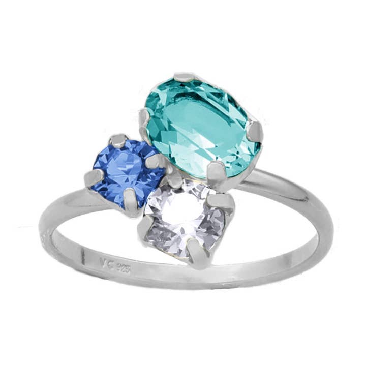 Alexandra adjustable ring with blue crystal in rhodium-plated silver for wholesale by Victoria Cruz