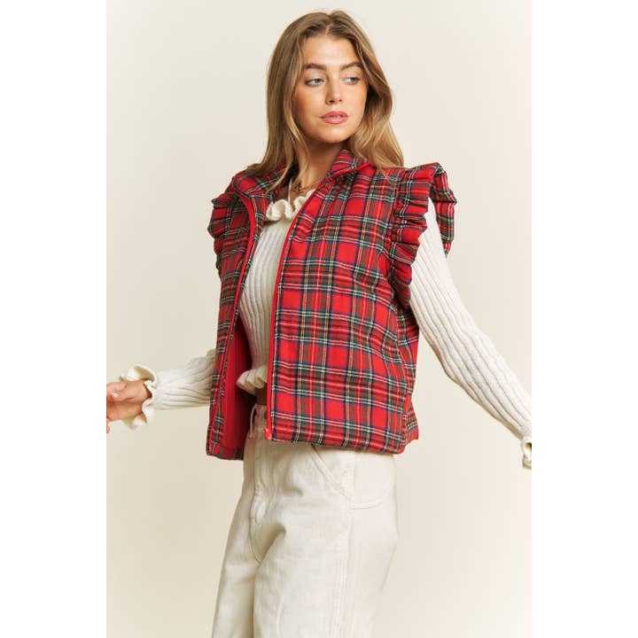 Red EVERYDAY PLAID PUFF ZIP UP VEST JACKET with ARMHOLE RUFFLE D for wholesale on Faire7