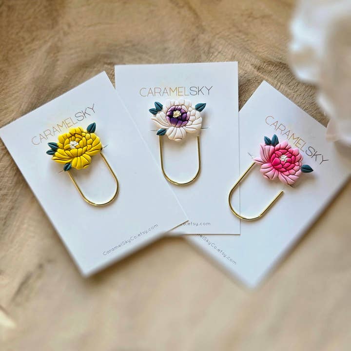 Caramel Sky - Wholesale Bookmark - Handmade Peony Flower Paperclip Bookmark, Clay Bookmark