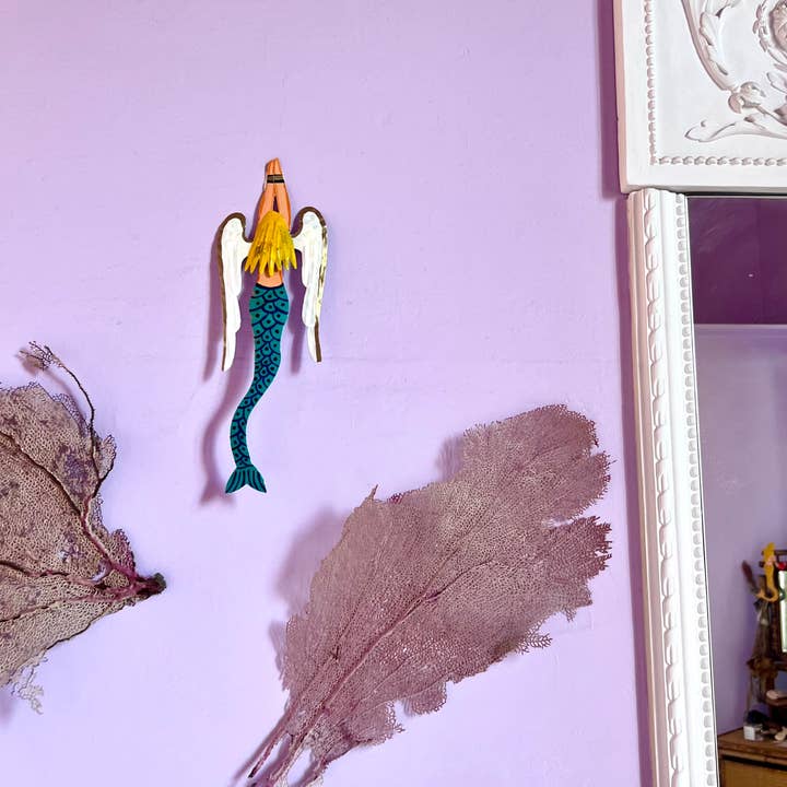 PINK PAMPAS - Wholesale Wall Accent - Handmade Mexican tin wall-mounted winged mermaid