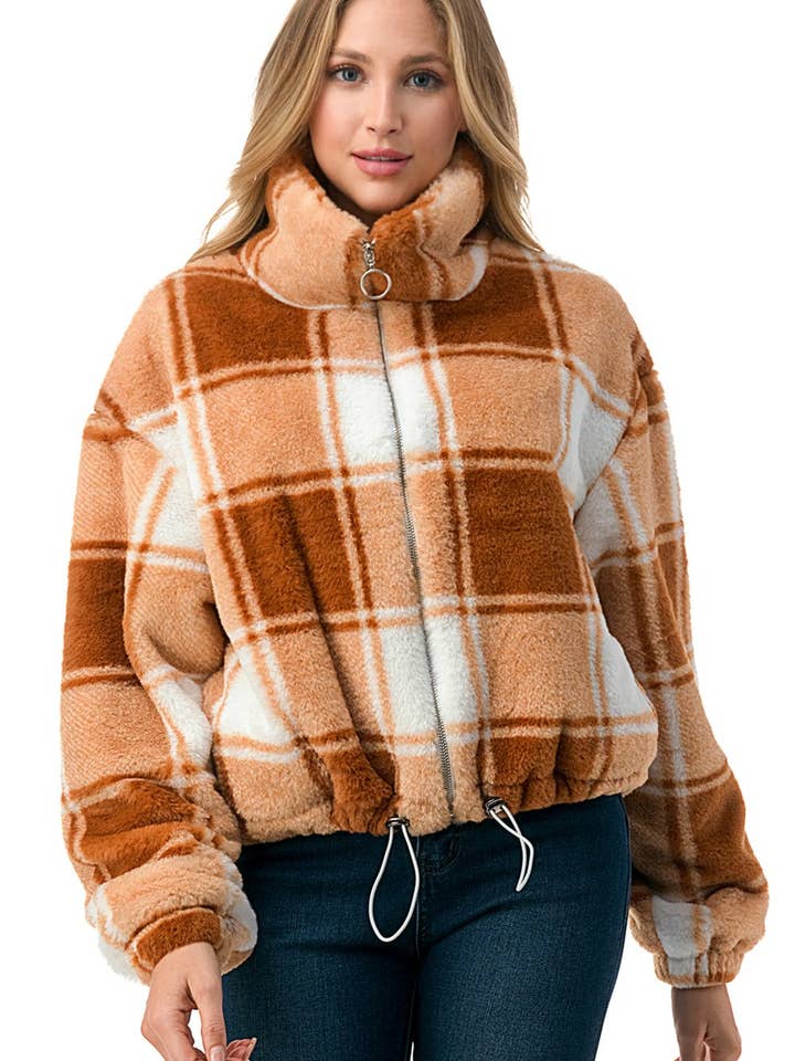 VESTE À CARREAUX EN FAUSSE FOURRURE JACKET-01F-CHK pour la vente par MIO WHOLESALE