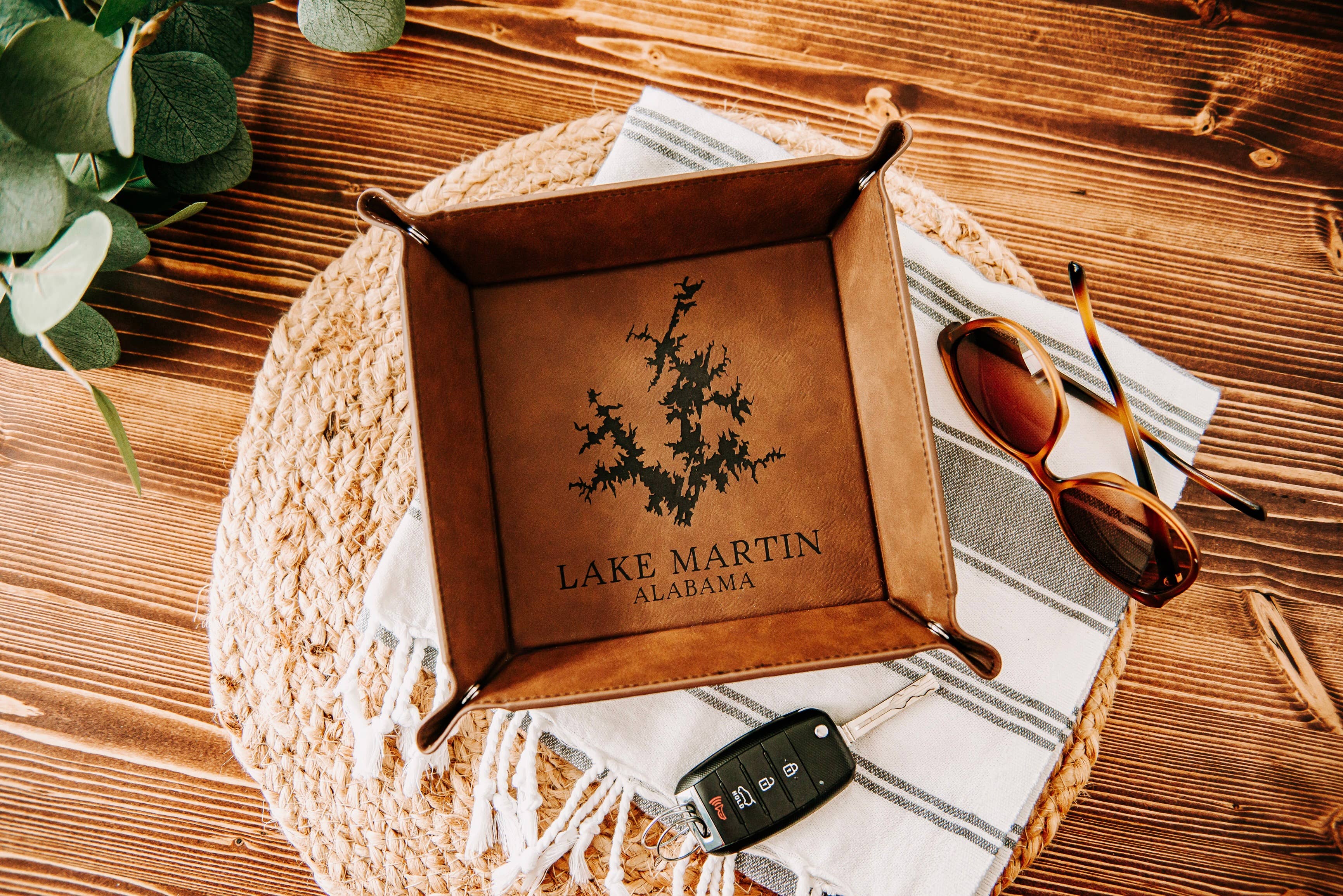 The Lillie Pad - Wholesale Decorative Tray - Custom Lake Map Engraved Leatherette Valet Tray