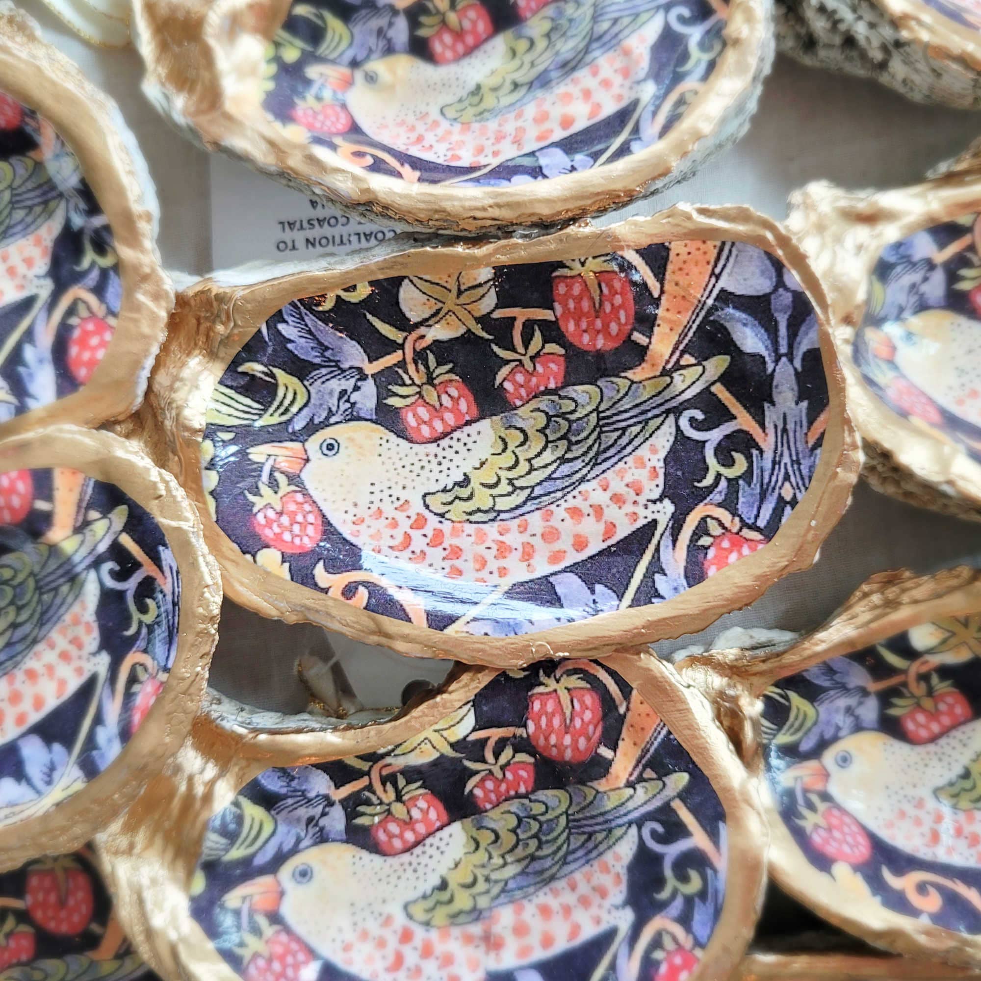 Beatrixbell Handcrafted - Wholesale Ornament - William Morris Strawberry Thief • Oyster Shell Ornament5