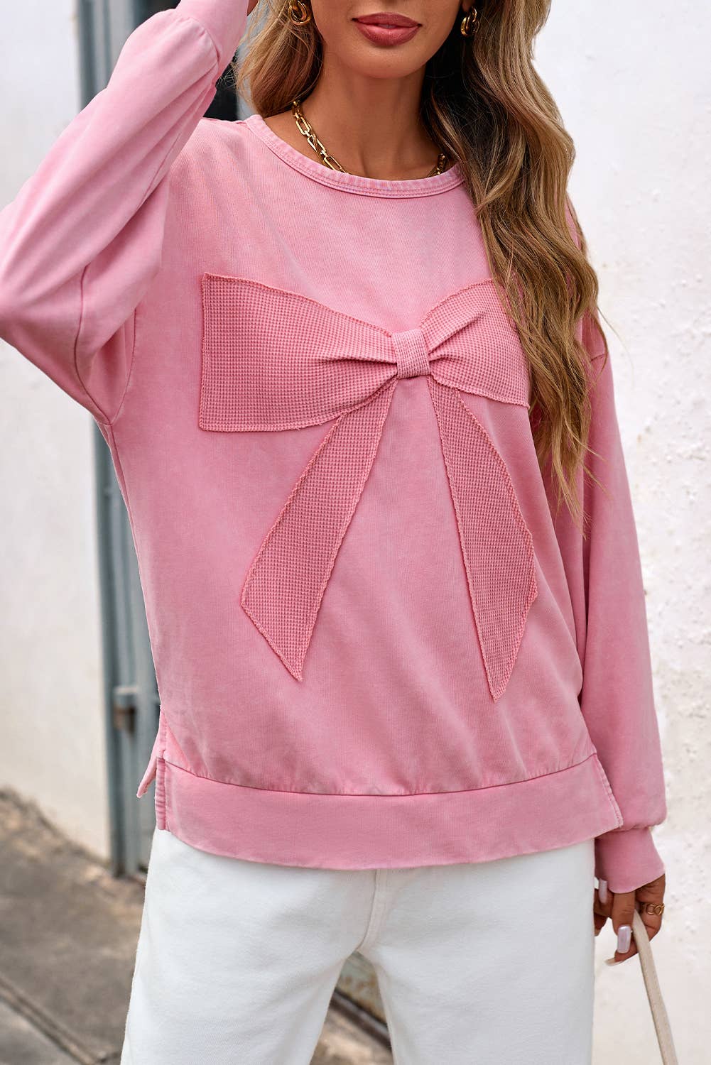 Little Daisy Closet - Wholesale Sweatshirt - Women's -  LDC Mineral Wash Bow Patchwork Pullover Sweatshirt| S-4X2