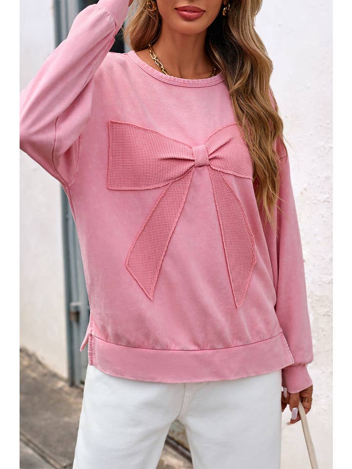 Little Daisy Closet - Wholesale Sweatshirt - Women's - LDC Mineral Wash Bow Patchwork Pullover Sweatshirt| S-4X2