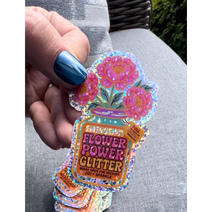 Adesivo in vinile con fiore di peonia olografico e glitterato per la vendita all'ingrosso da parte di Gifts That Give Studio