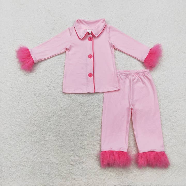 Ensemble de vêtements de pyjama en fourrure avec boutons en coton rose pour petites filles pour la vente par Aier Wholesale