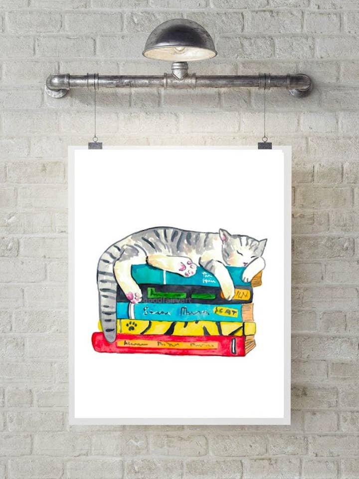 Gig Tabby Cat Reading Book Library Painting Watercolor for wholesale by Goodfairyart