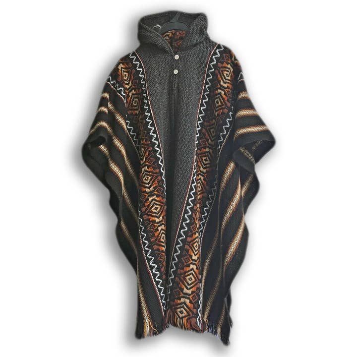 Poncho com capuz unissex sul-americano de lã de lhama - listrado com padrão de diamantes por atacado de ECUALAMA