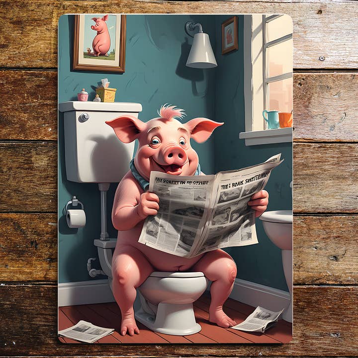 Panneau en métal pour salle de bain avec dessin animé Pig On the Toilet pour la vente par The British Metal Signs Company