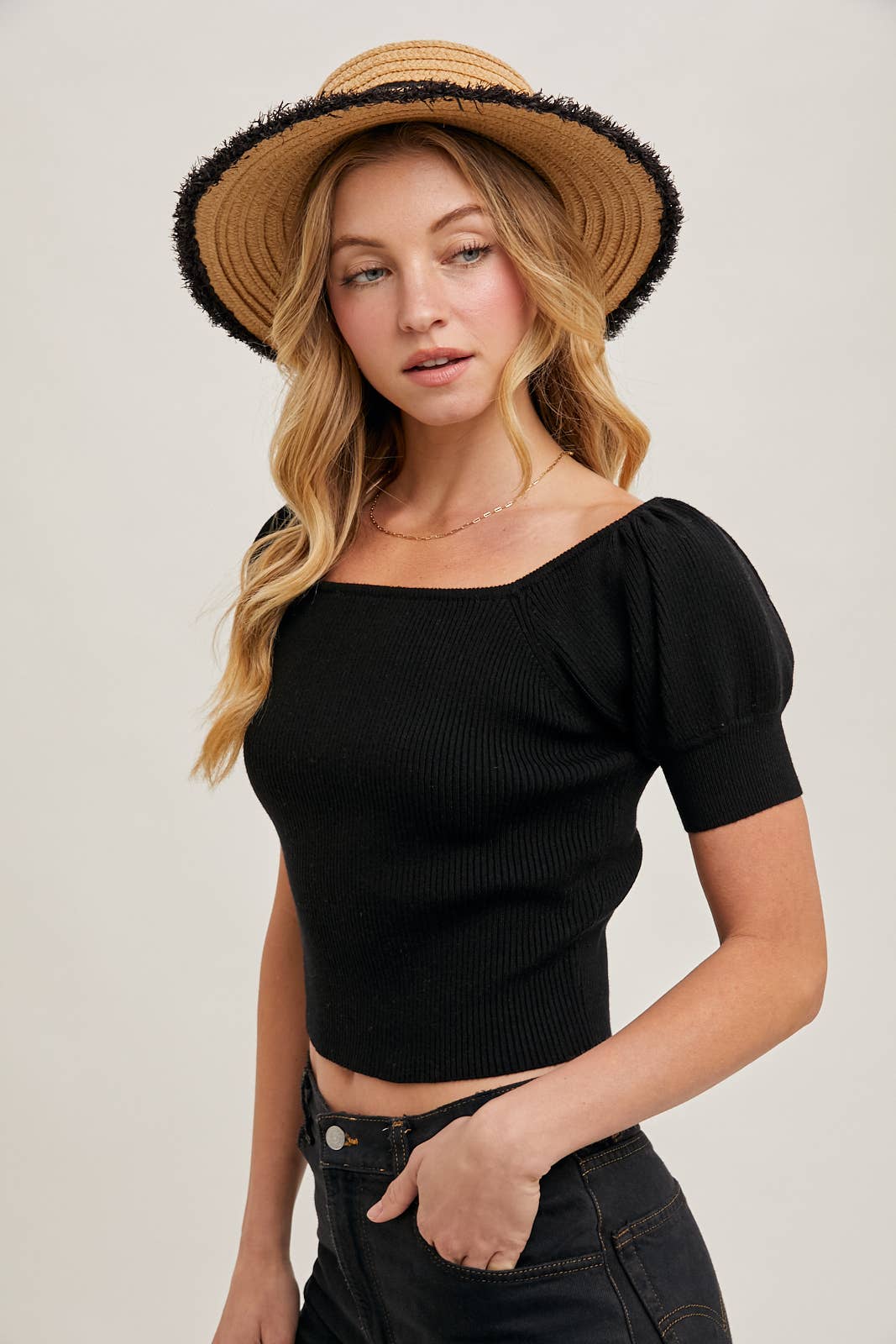 Peace Love Line - Wholesale Knit Top - Women's - PL6267 - SQAURE NECK PUFF SLEEVED KNIT TOP3