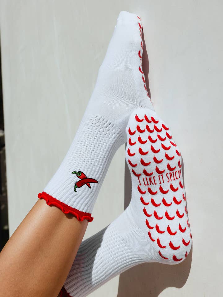 White I Like It Spicy! Grip Socks for wholesale on Faire1