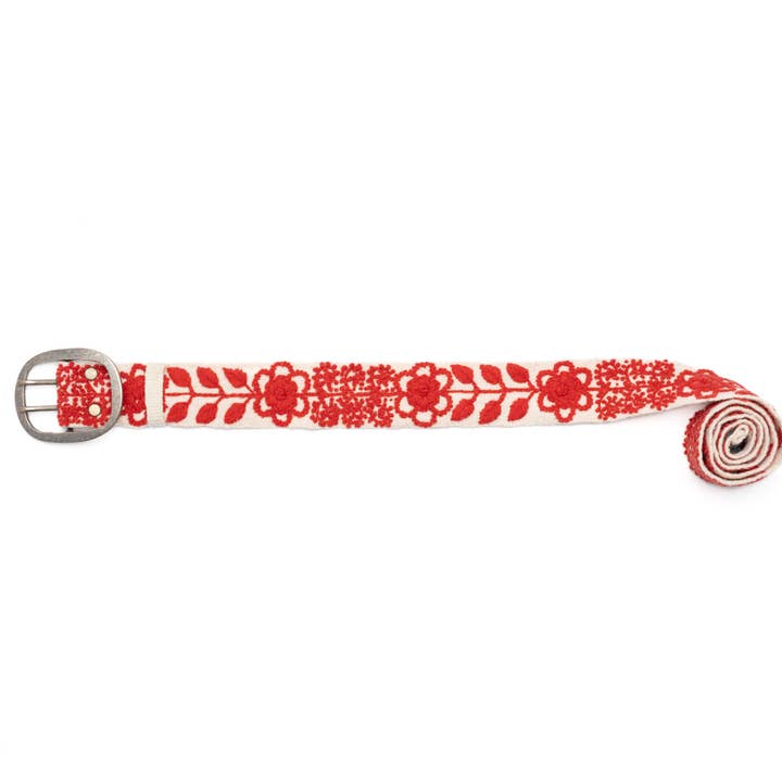 Madeline Parks® - Wholesale Belt - Women's - White and Red Hand Embroidered Belt