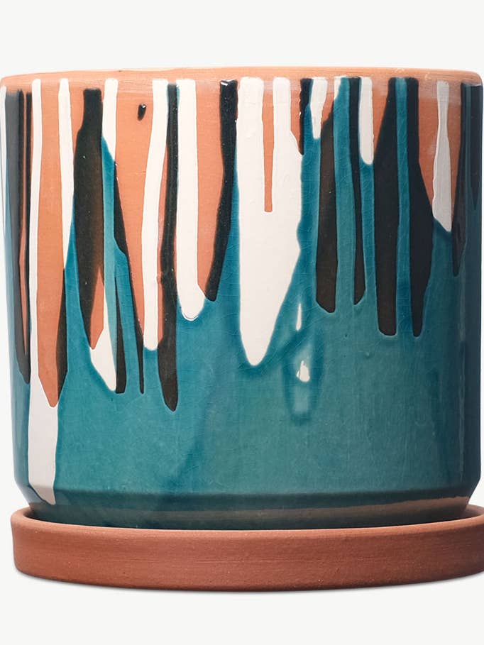 Clay pot with white slip and blue glaze for wholesale by Casa Atlântica