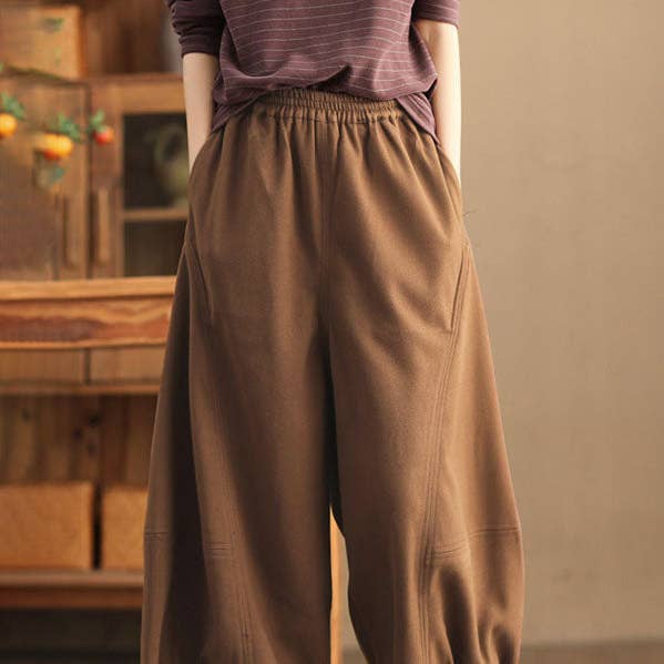 High-Waisted Relaxed Fit Drawstring Elastic Pleated Solid Color Trousers for wholesale by FurDecoration