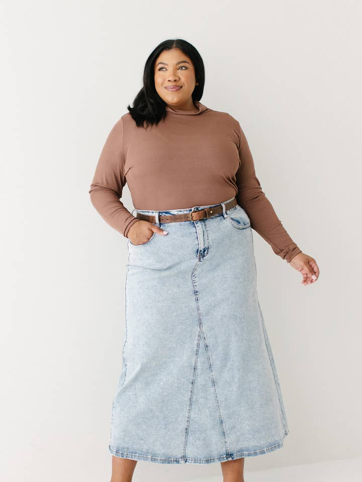 'Brooklyn' Stretch Denim Maxi Skirt in Vintage Wash for wholesale by The Main Street Exchange