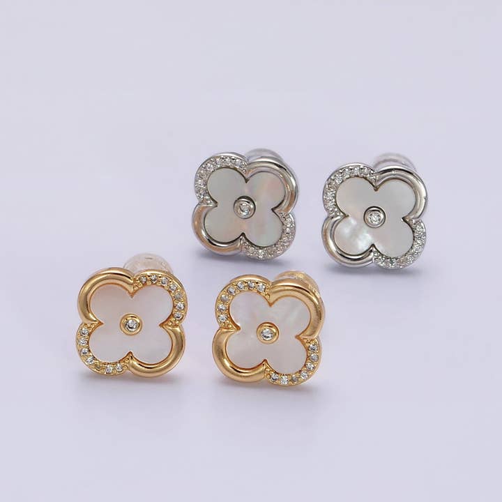 16K Guld Fylld 12mm Skal Pärla Fyrklöver Mikro Putsade CZ Stiftörhängen i Guld & Silver | AB1535 AB1536 för wholesale av Aim Eternal