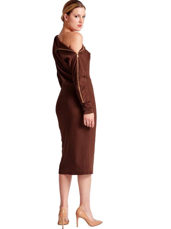 Cocoa Josefa Asymmetric Dress: Long sleeve midi zip dress - brown for wholesale on Faire2