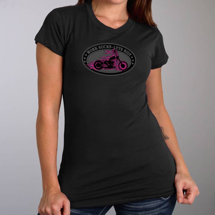 Hot Leathers GLR1499 'Work Sucks-Lets Ride Oval' Ladies Black T-Shirt for wholesale by Hot Leathers