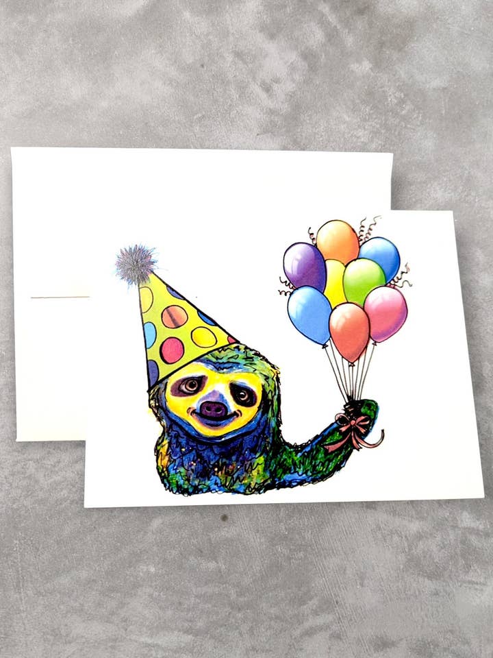 Party Sloth Art Print Greeting Card Blank Inside for wholesale by Christina-Jane Norquay Art