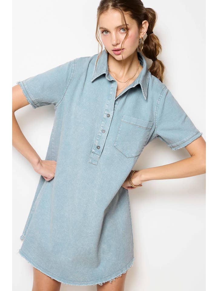 Sky MCD9319-Mineral Washed Raw Edge Light Denim Tunic Dress for wholesale on Faire