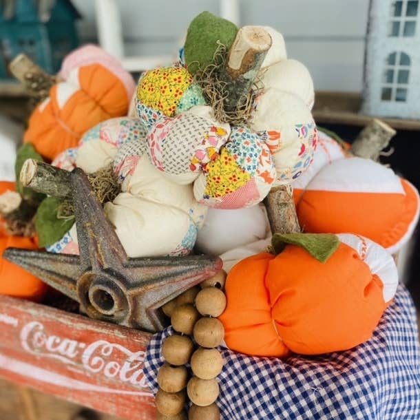 A Gnome on the Roam - Wholesale Decorative Tabletop Object - Handmade Fabric Pumpkins Vintage Quilt Top 7" Fall Decor4