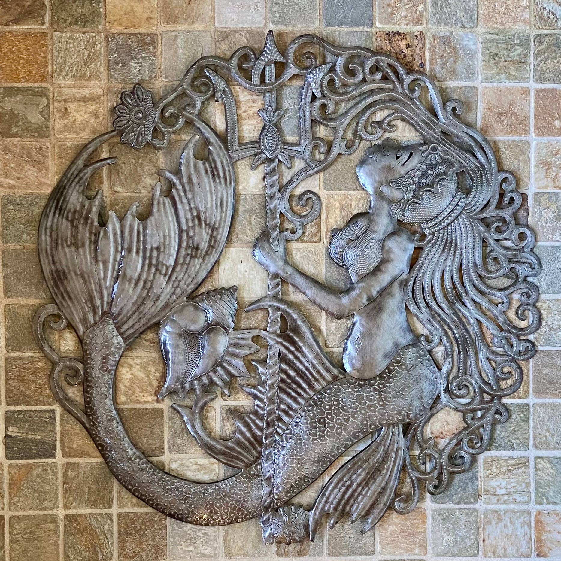 Haiti Fair Trade~ It's Cactus - Wholesale Wall Accent - 23" Mermaid with Trident, Handmade , Recycled Metal Haiti1