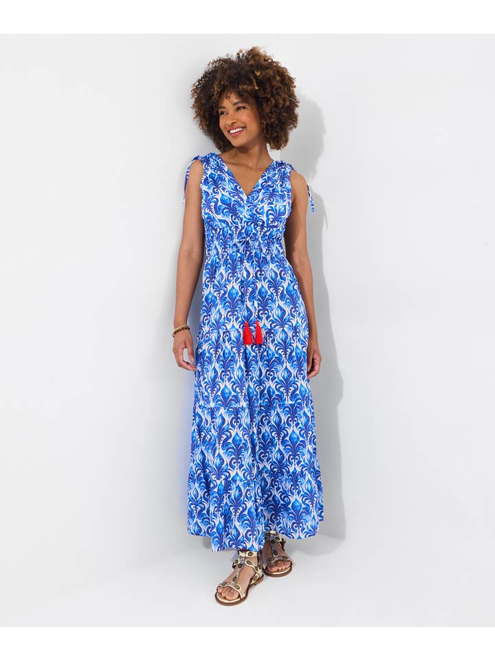 Blue Santorini Blues Tie Shoulder Cotton Maxi Dress for wholesale on Faire