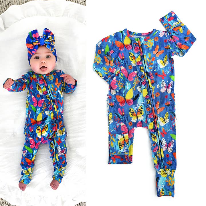 Gigi and Max - Wholesale Jumpsuit - Baby - Aurora Butterfly Ruffle Zip Outfit Sleepies Little Bamboo1