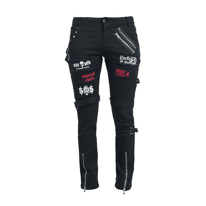 Punk denim trousers with patches by “Alcatraz Gothic” for wholesale by Alcatraz Gothic