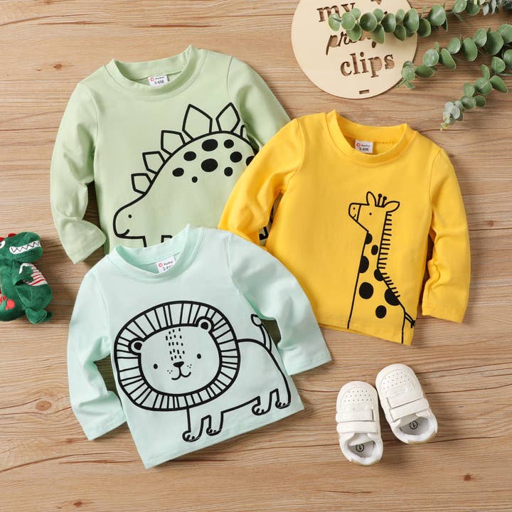 PatPat - Wholesale Screen Printed T-Shirt - Kids - Baby/Toddler Unisex Childlike Animal Long-sleeved Shirts