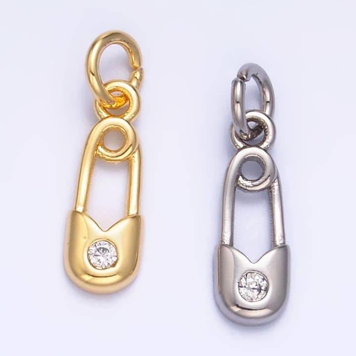 Aim Eternal - Wholesale Individual charm/pendant - 24K Gold Filled Clear CZ Safety Pin Mini Charm in Gold & Silver | W8823