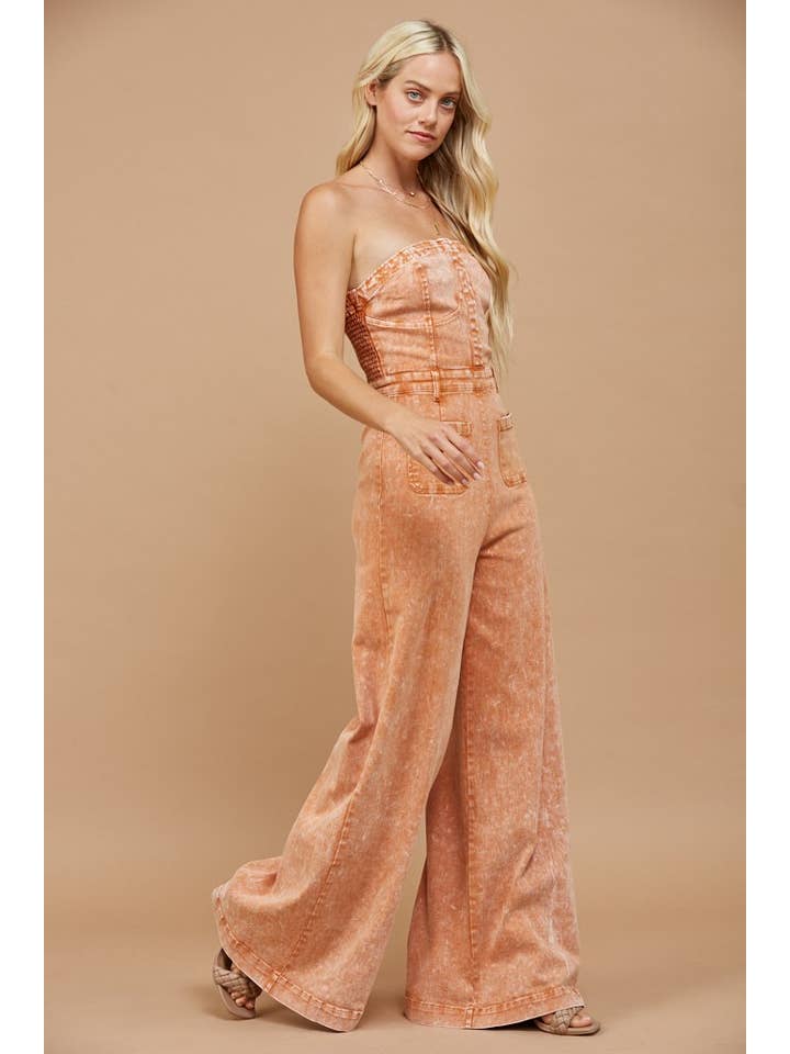 BOHO MINERAL WASH WIDE LEG DENIM JUMPSUIT 4406 LT RUST for wholesale on Faire