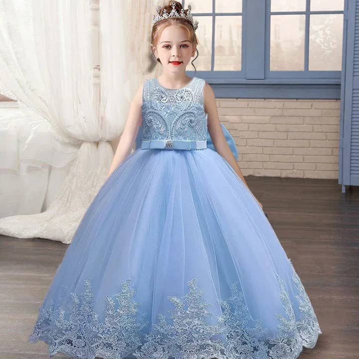 Vestido de noiva, vestido de dama de honra para menina das flores, vestido de noite na moda, em renda e malha, roupas elegantes para meninas de 4 a 12 anos, cor azul por atacado de Queenshopbeauty