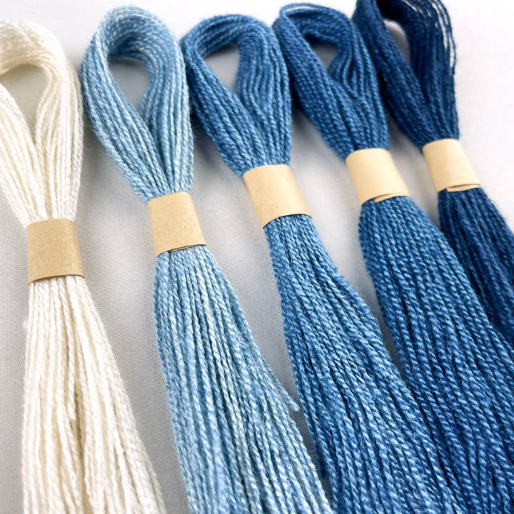Cedar Dell Designs - Wholesale Embroidery/Cross Stitch Supplies - Indigo Dyed Silk Embroidery Floss - Ombre Set of Blue Thread