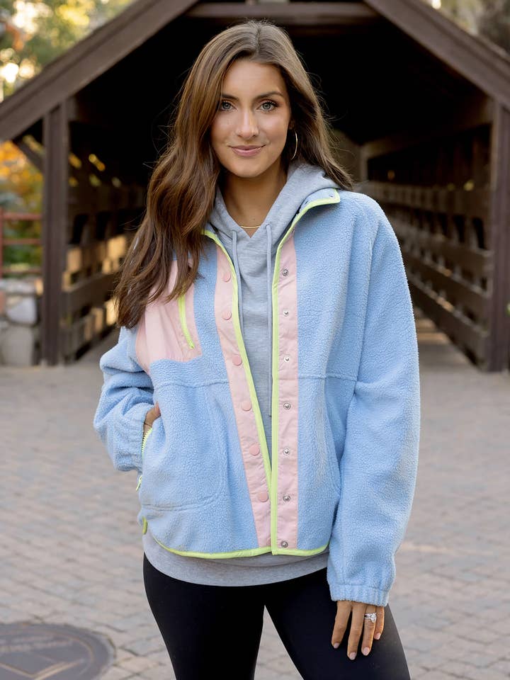 Blue Blush Colorblock Fleece Jacket in Blue-Blush for wholesale on Faire