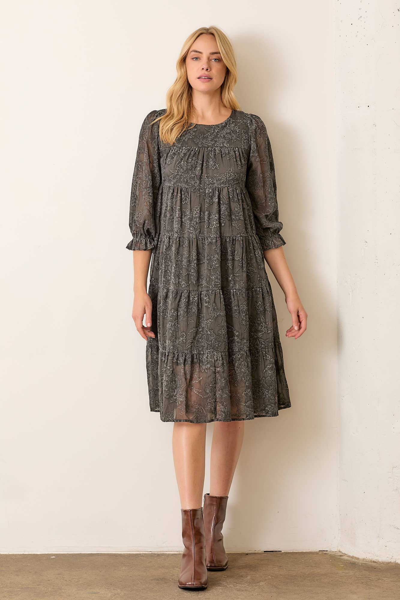 CHARCOAL PRINTED TEXTURED FLORAL ROUND NECK TIERED DRESS for wholesale on Faire