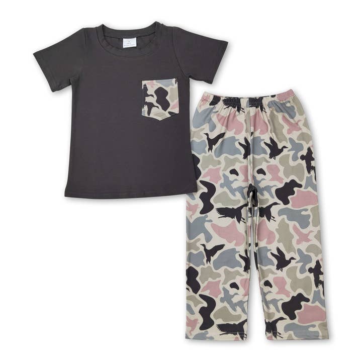 Grey top duck camo boys hunting clothes for wholesale by Yawoo Garments