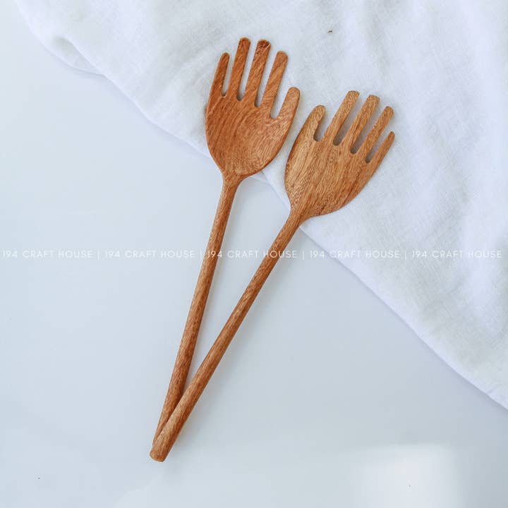 194 Craft House - Venta al por mayor Cuchara de cocina - Cubiertos de madera para ensalada en forma de mano - set de cuchara y tenedor de 30 cm5