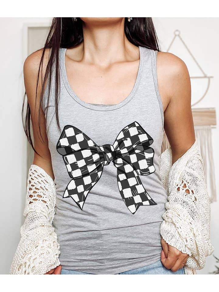 Retro Checkered Bow Graphic Racerback Tank for wholesale by Pink Irene Wholesale