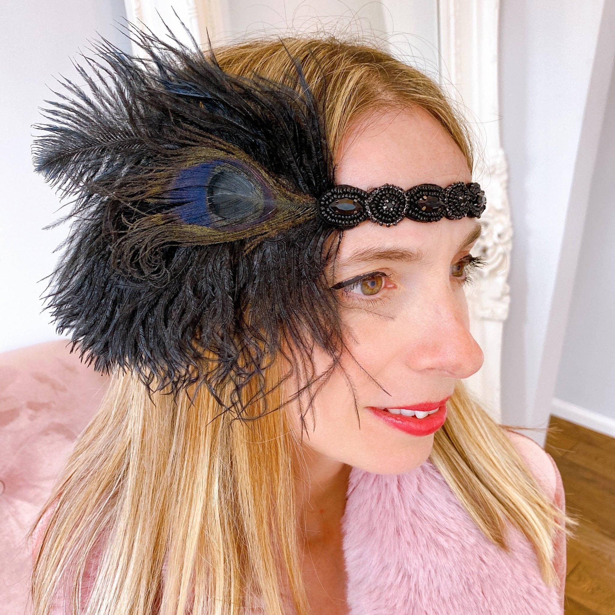 QueenMee Accessories - Wholesale Fashion Headband - Women's - 1920s Headpiece in Black with Peacock Feathers and Beading2