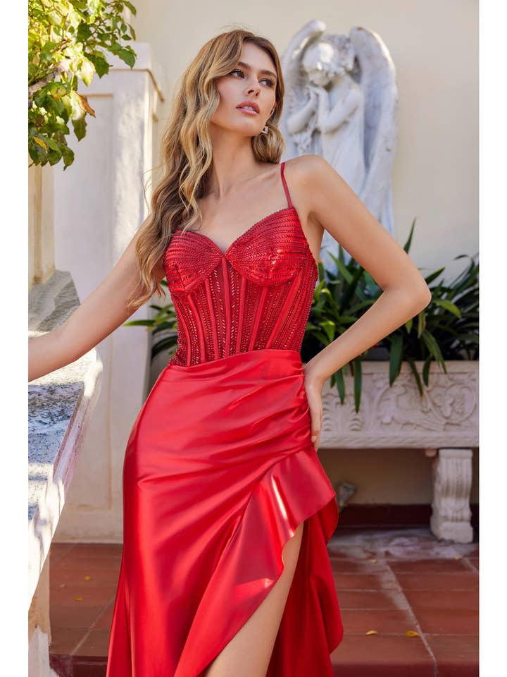 CORSET FITTED GOWN WITH ASYMMETRIC DRAPED SKIRT for wholesale by Juliet