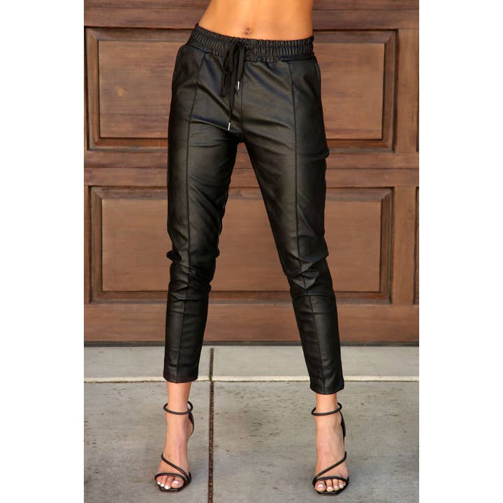 JOGGERS CINTADOS COM COSTURA FRONTAL EM PELE SINTÉTICA (16340-PU) por atacado de VENTI6