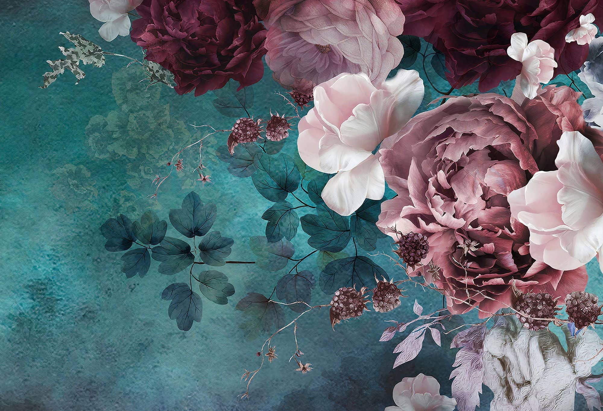 Muravie Wallposter - Vente Papier peint - Papier peint à thème de grandes roses et bleu - Fresque murale de fleurs pour le salon4