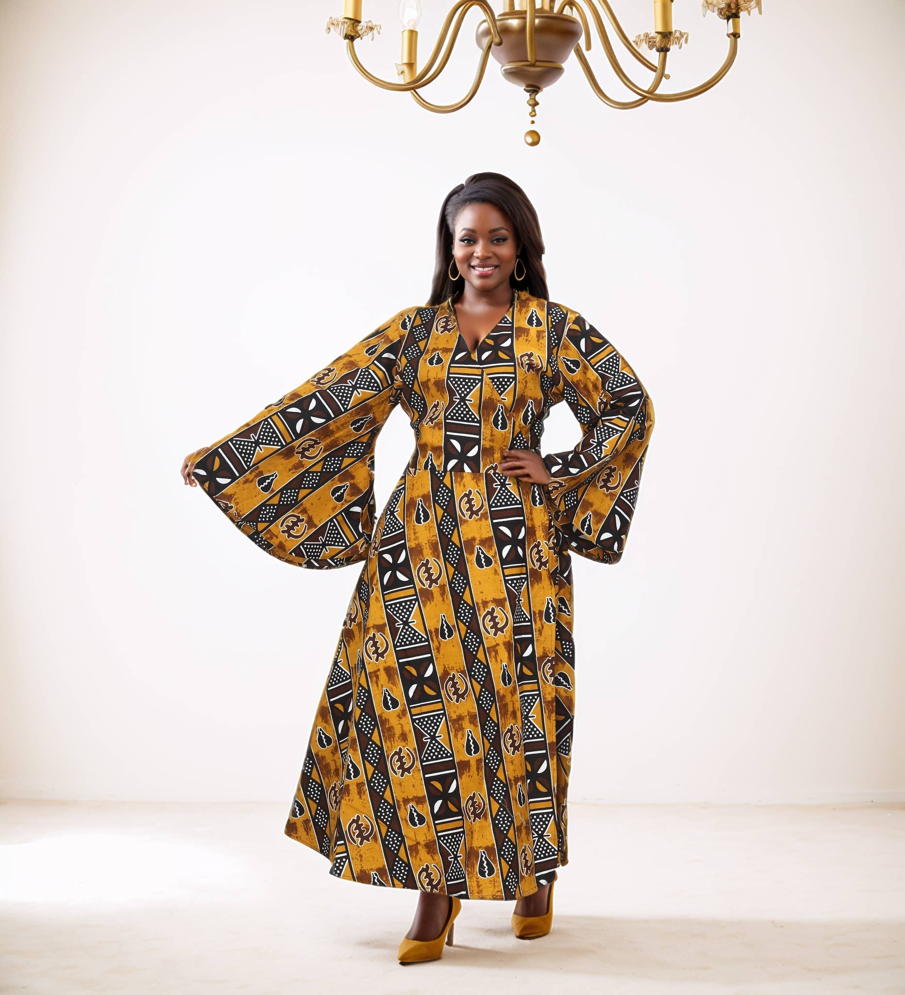 Black (8001-587) Women's Ankle Length African Print Wrap Dress for wholesale on Faire