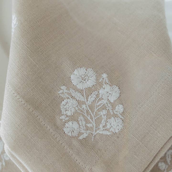 Natural White Embroidered Dinner Napkins in Linen Cotton, Set of Four for wholesale on Faire11